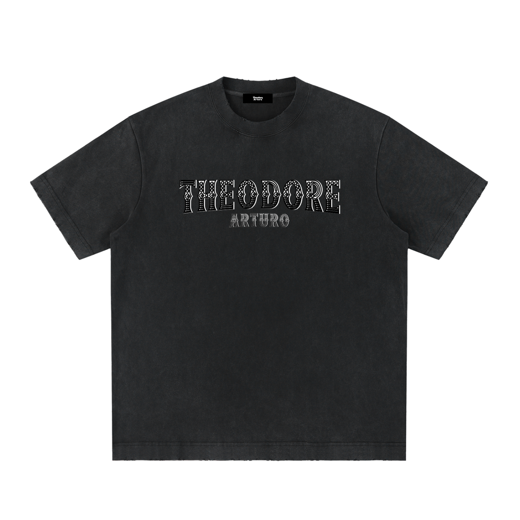Heavyweight Vintage Washed Frayed T-Shirt Black Lettering
